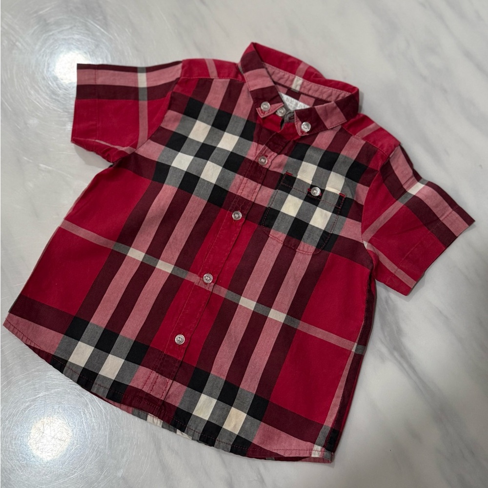 BURBERRY SHORT SLEEVE RED PLAID BUTTON 18 M